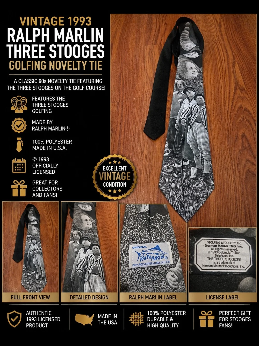Ralph Marlin Black and Gray Three Stooges Golfing Novelty Tie